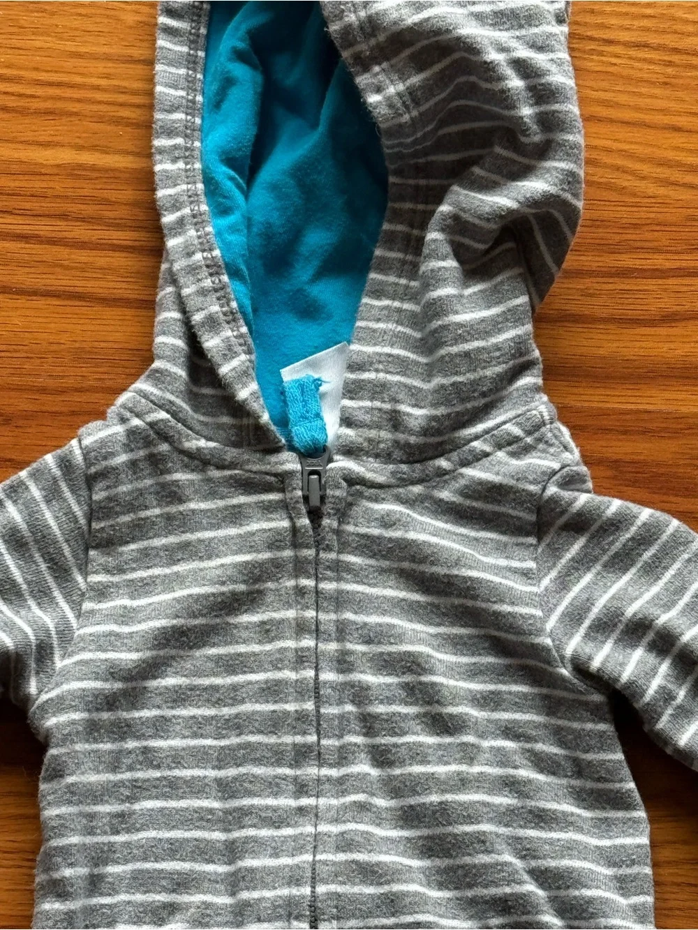 Carter's Gray & White Striped Hooded One-Piece with Blue Lining